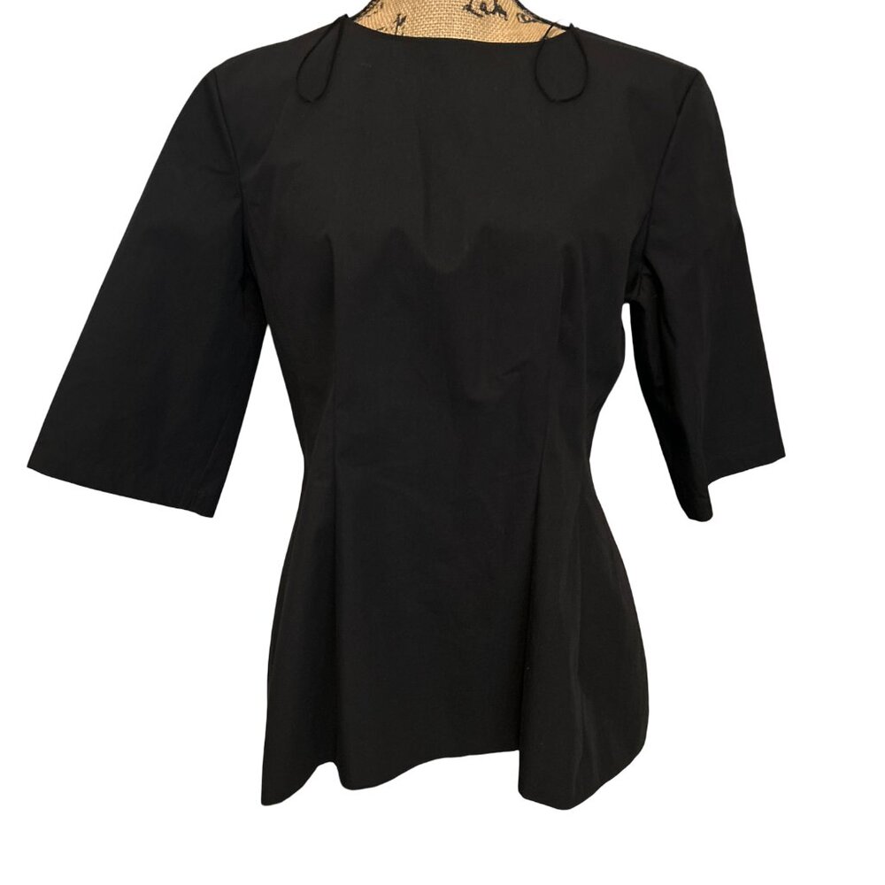 ZARA BLACK Structured Peplum Top Size L 3/4 Sleeve Boat Neck Office WORK Blouse